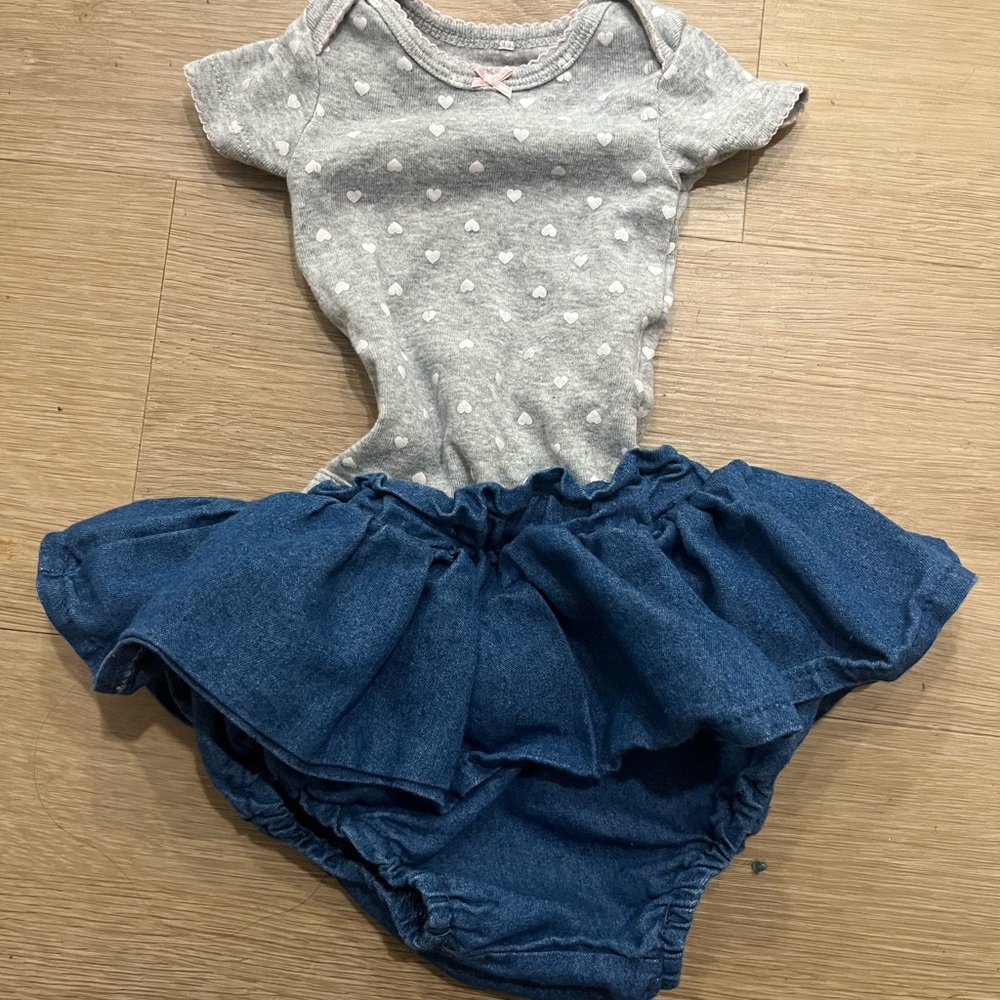 Baby Girls Grey Heart Bodysuit with Blue Denim Skirt